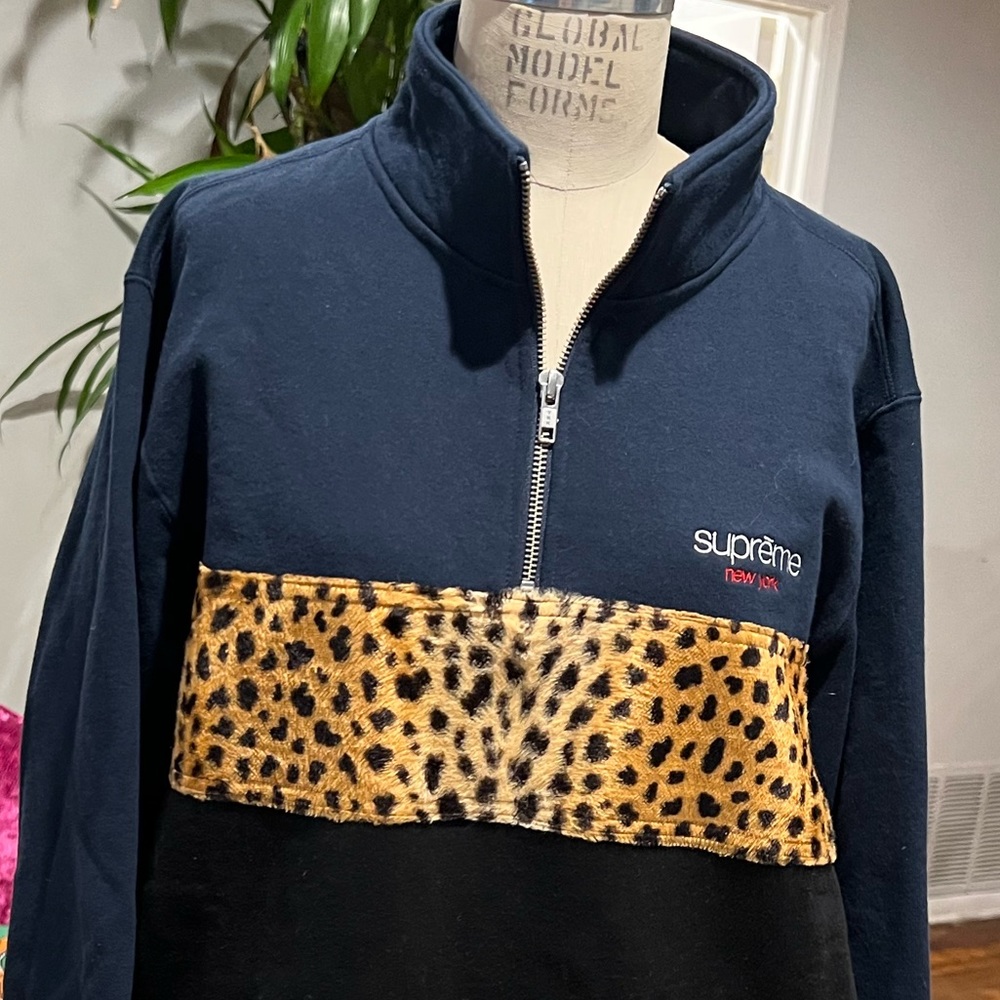 SUPREME Faux Fur Leopard Cheetah Half Zip Sweatshirt navy black Unisex